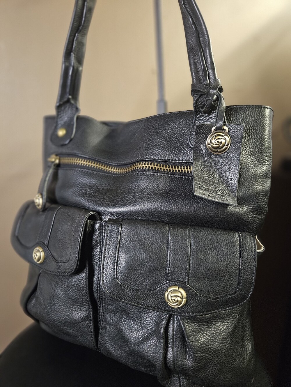 Rough Roses Multi Pocket Slouchy Leather Handbag- Black - Picture 4 of 11